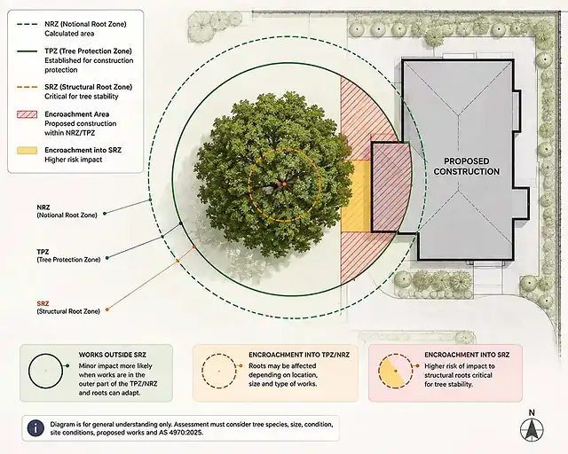 Can You Build Inside a Tree Protection Zone (TPZ)? 3 TPZ encroachment diagram showing proposed construction extending into the tree protection area and Structural Root Zone.