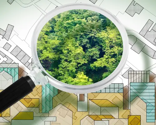 Council arborist checking a street tree while reviewing permit paperwork in Pakenham.