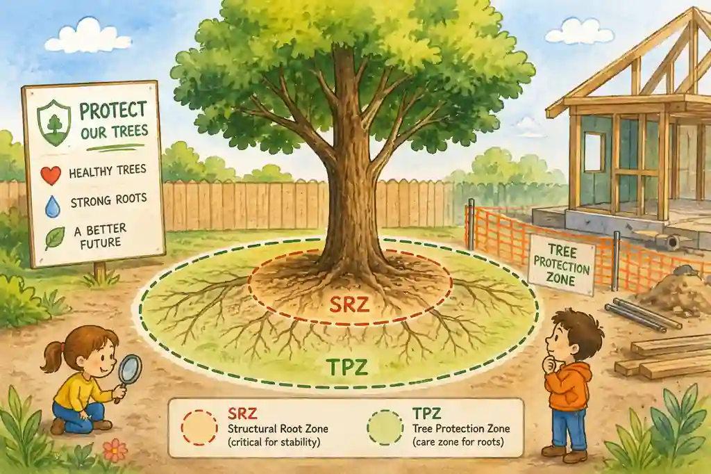Illustration explaining Tree Protection Zones (TPZ) and Structural Root Zones (SRZ) around a tree during construction.