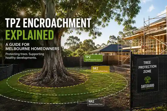 TPZ encroachment near proposed construction showing tree protection and structural root zones around a retained tree.