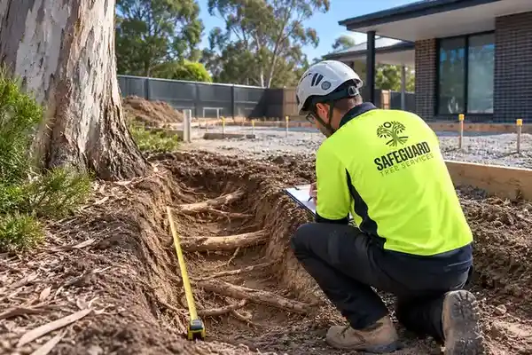 Can You Build Inside a Tree Protection Zone (TPZ)? 4 Arborist inspecting exposed tree roots before construction near a mature eucalyptus tree.